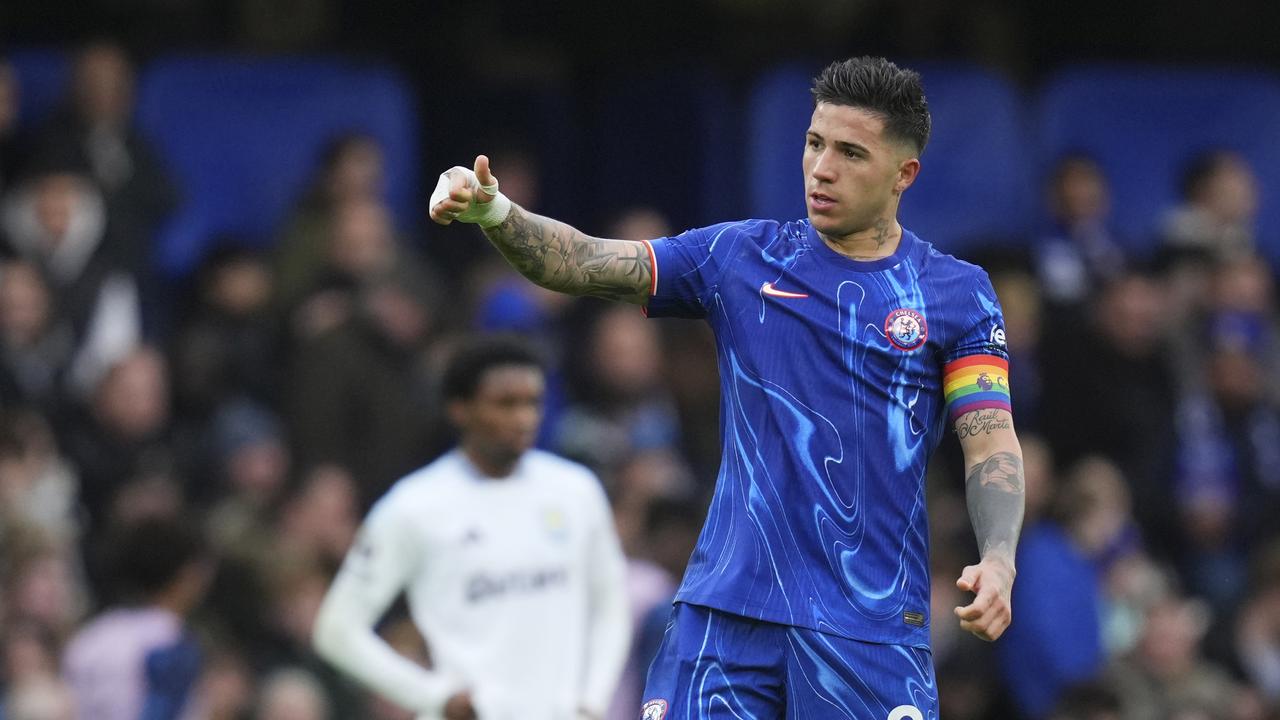 Chelsea's Enzo Fernandez celebrates after scoring his side's second goal against Aston Villa