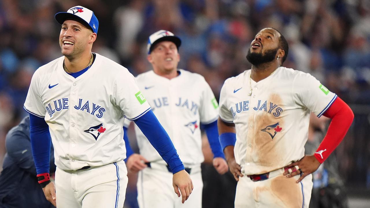 George Springer, Myles Straw and Vladimir Guerrero Jr.