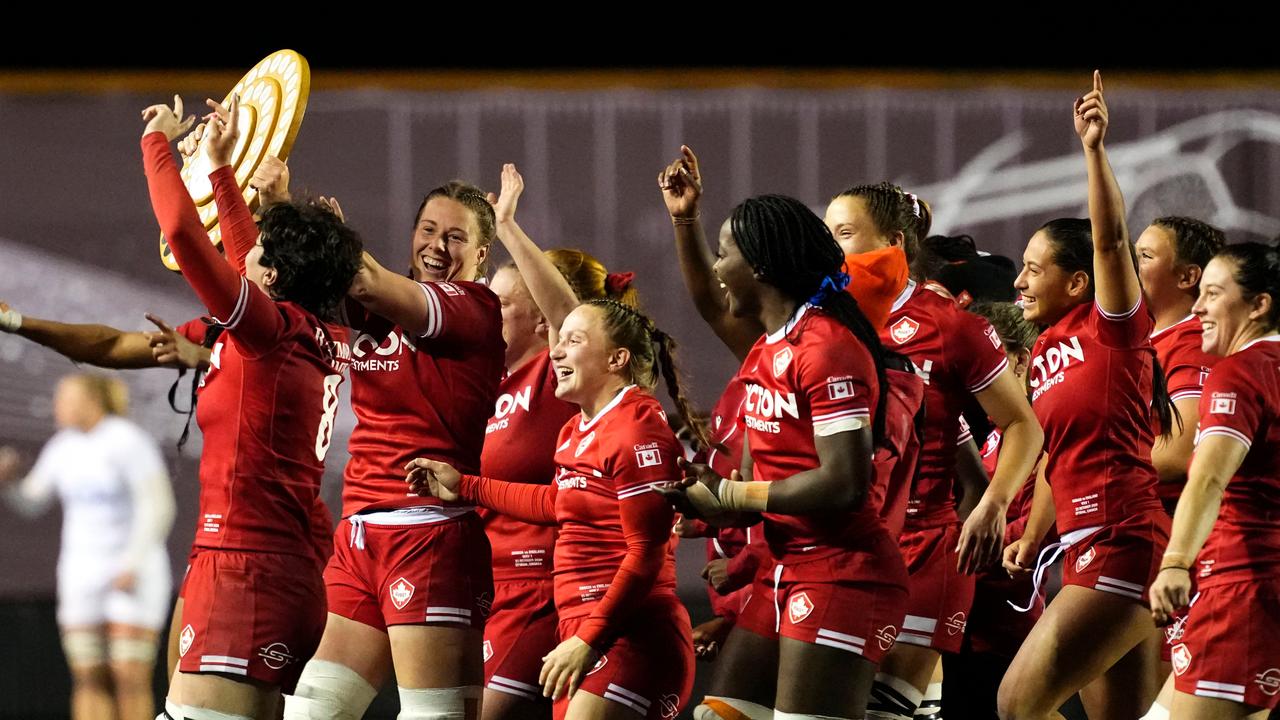 Canada's Sophie de Goede and her team celebrate successive victories over England