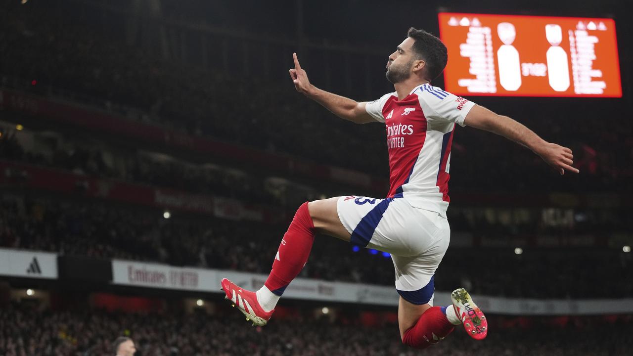 Mikel Merino celebrates after scoring Arsenal's opener 