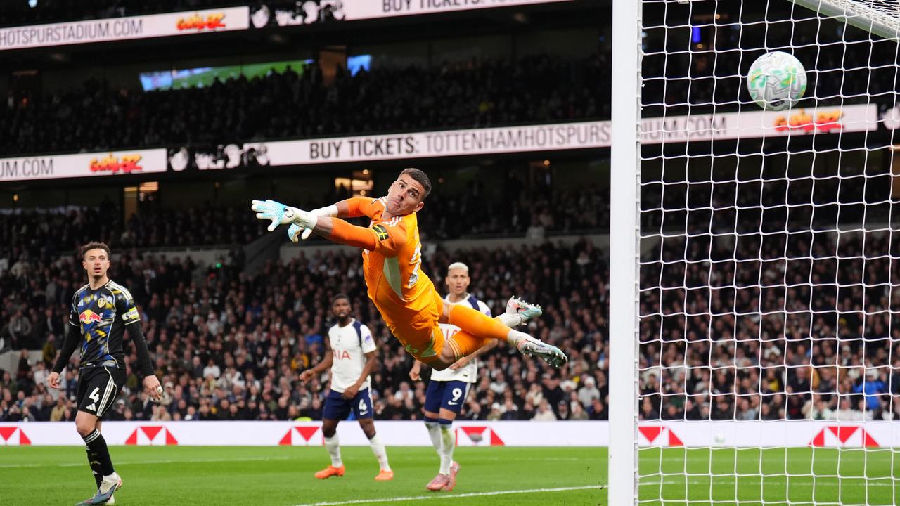 Karl Darlow is helpless as Mathys Tel's shot flies past him to put Spurs ahead