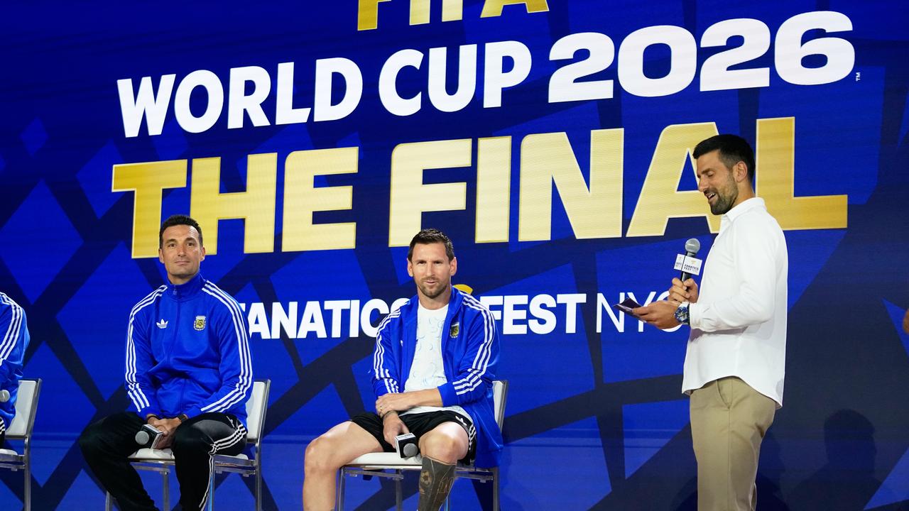 Argentina coach Lionel Scaloni and Lionel Messi take a question from tennis ace Novak Djokovic