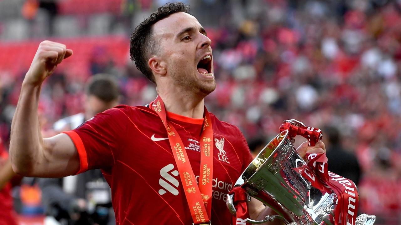 Diogo Jota celebrates with the trophy after Liverpool won the FA Cup in 2022