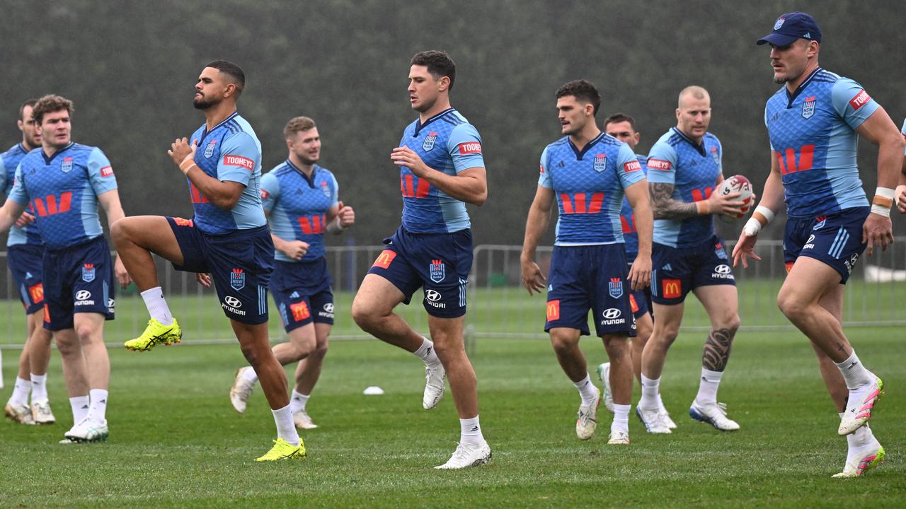 Mitch Moses and Nathan Cleary during a NSW training session