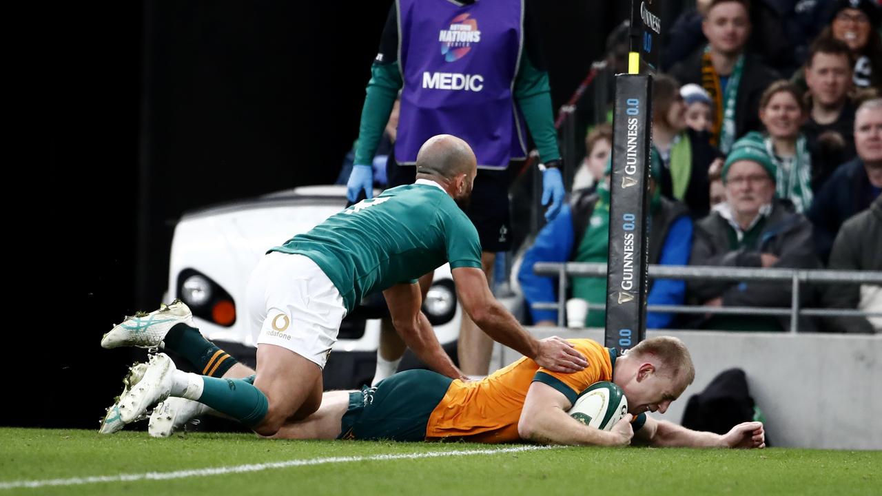 Max Jorgensen scooting over for an early try for the Wallabies