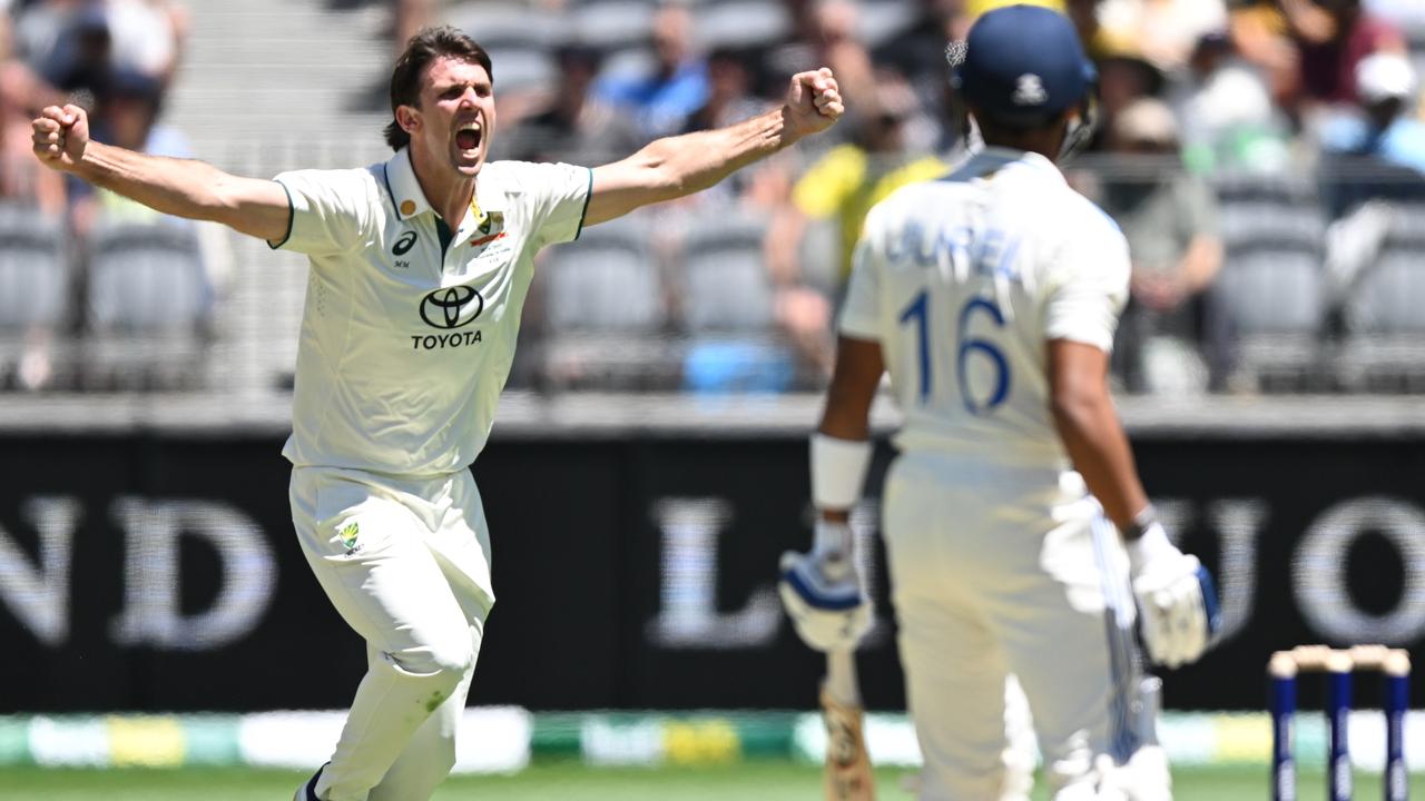 Australia's Mitch Marsh celebrates the wicket of Dhruv Jurel