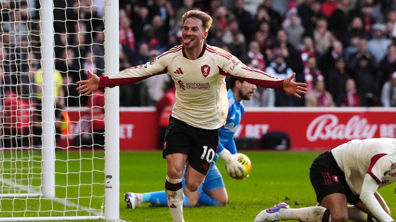 Liverpool's Alexis Mac Allister celebrates his winner at Forest | Photo: AP