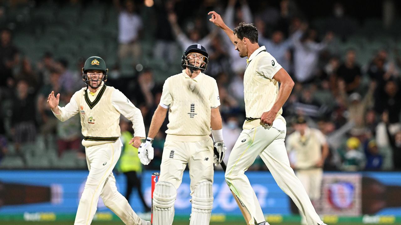 Joe Root is dismissed by Mitchell Starc during the second Test in 2021 at Adelaide Oval