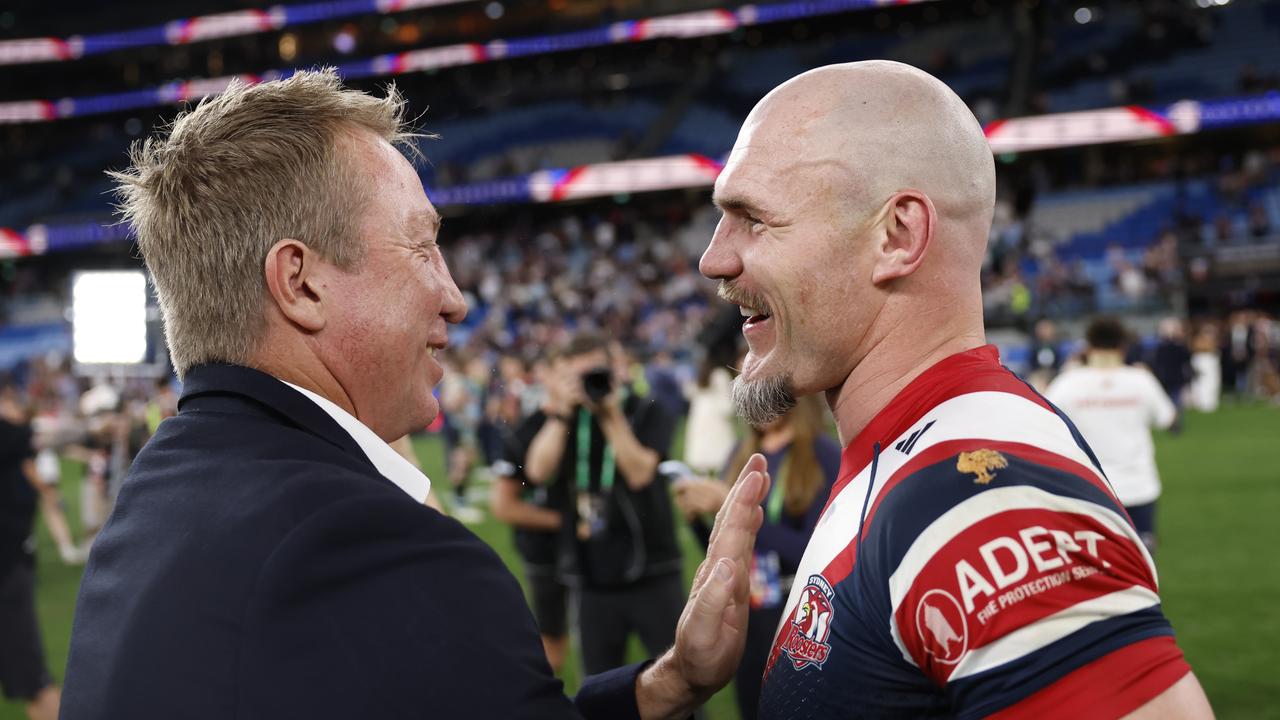 Sydney Roosters coach Trent Robinson (left) and Angus Crichton