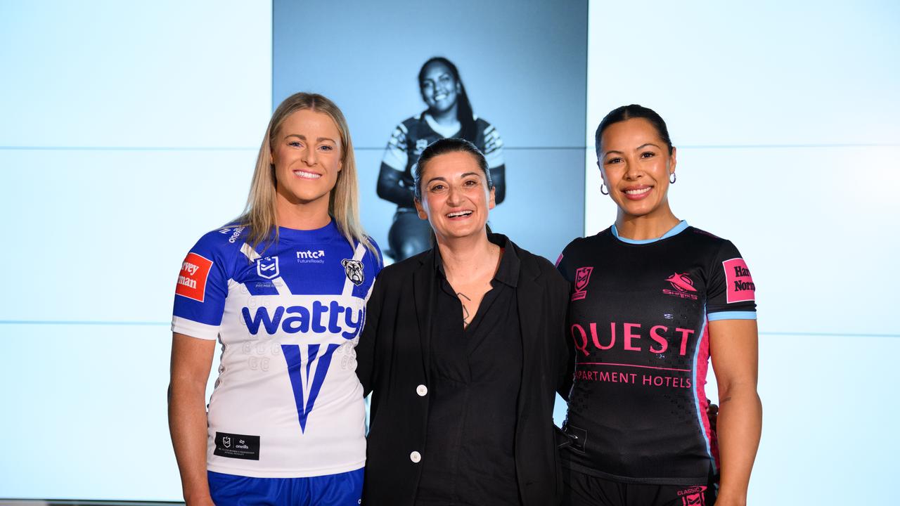 Tayla Preston, Tiana Penitani-Gray and artist Cherine Fahd at the 20th anniversary of the Women in League round