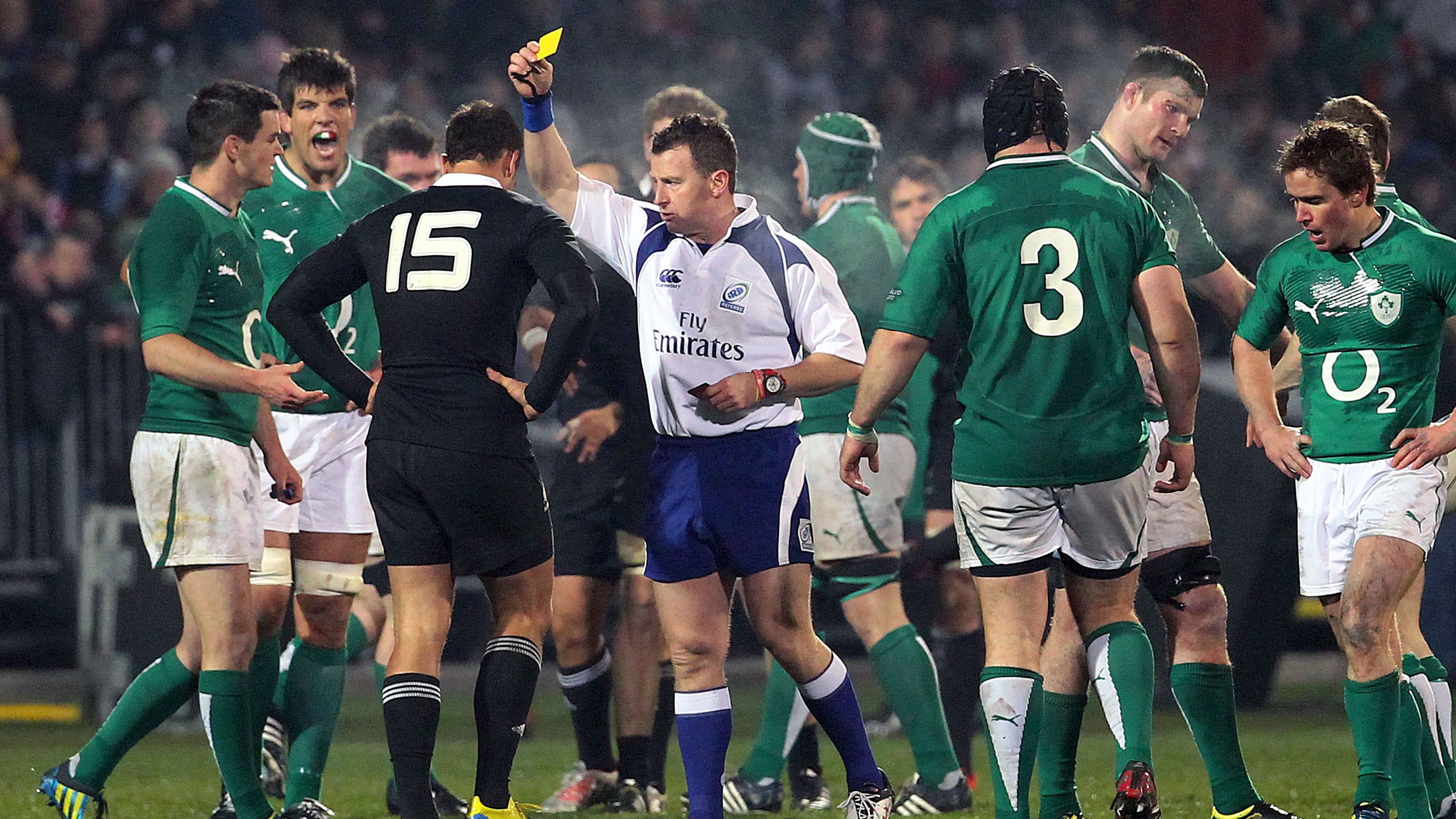 Israel Dagg is given a yellow card by Referee Nigel Owens