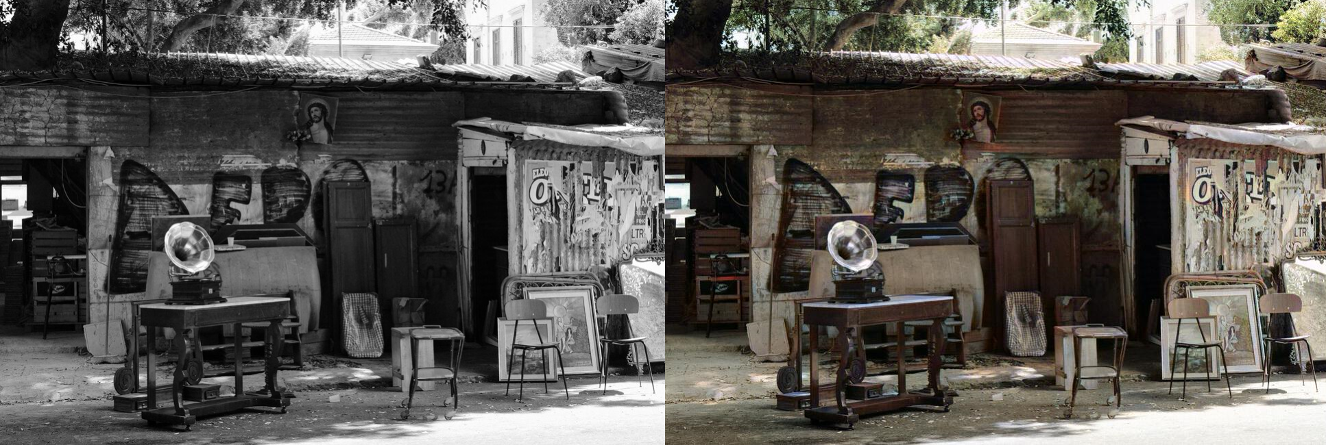 Black and white photo vs. its color version made in ImageColorizer
