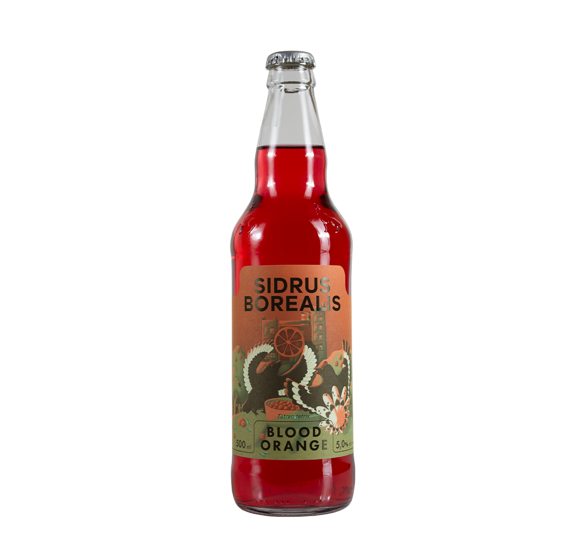 A glass bottle of Sidrus Borealis blood orange taste cider with a label illustrated with a bird