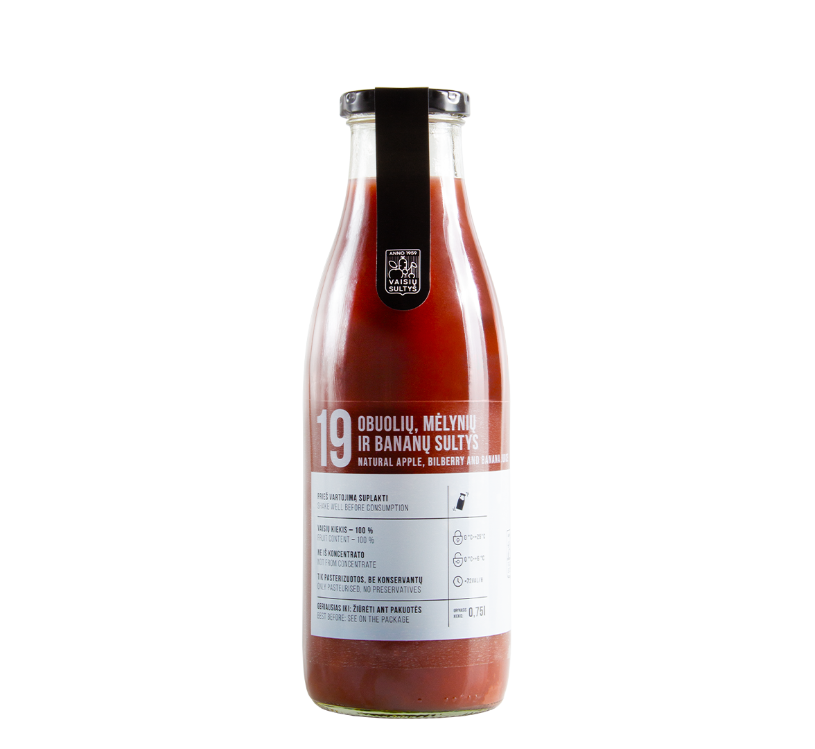 An image of a 750 ml bottle of natural Natural Apple, Bilberry and Banana Juice
