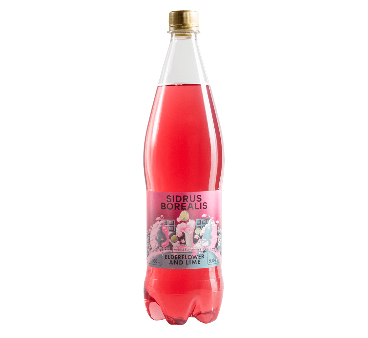 A 1000 ml plastic bottle of Sidrus Borealis elderflower and lime flavored cider with a label illustrated with two white stoats on a hill surrounded by clouds flowers and juggling limes