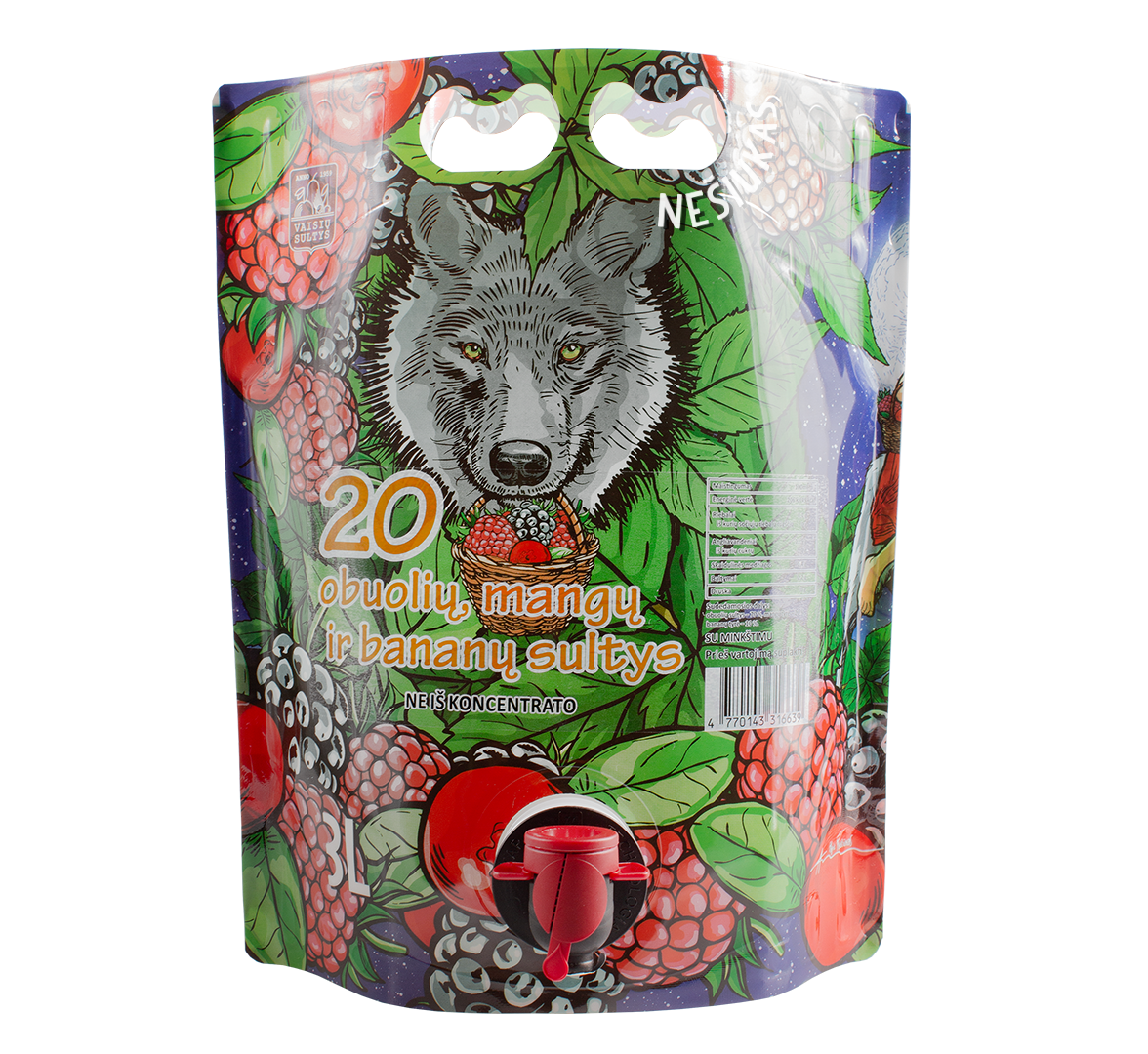 An image of natural apple, mango and banana juice 3000 ml fairy tale pouch with illustrations of wolf, berries and leaves