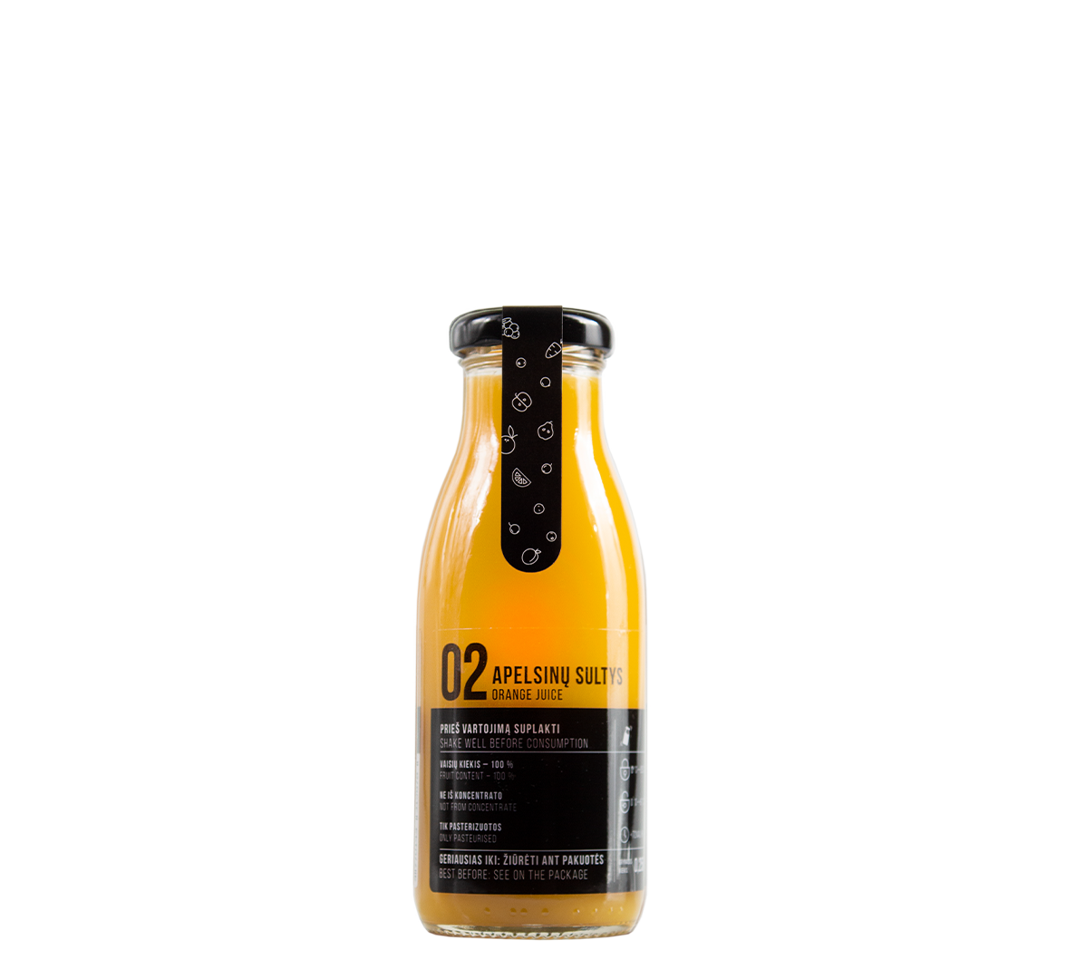 An image of a 250 ml bottle of natural orange juice