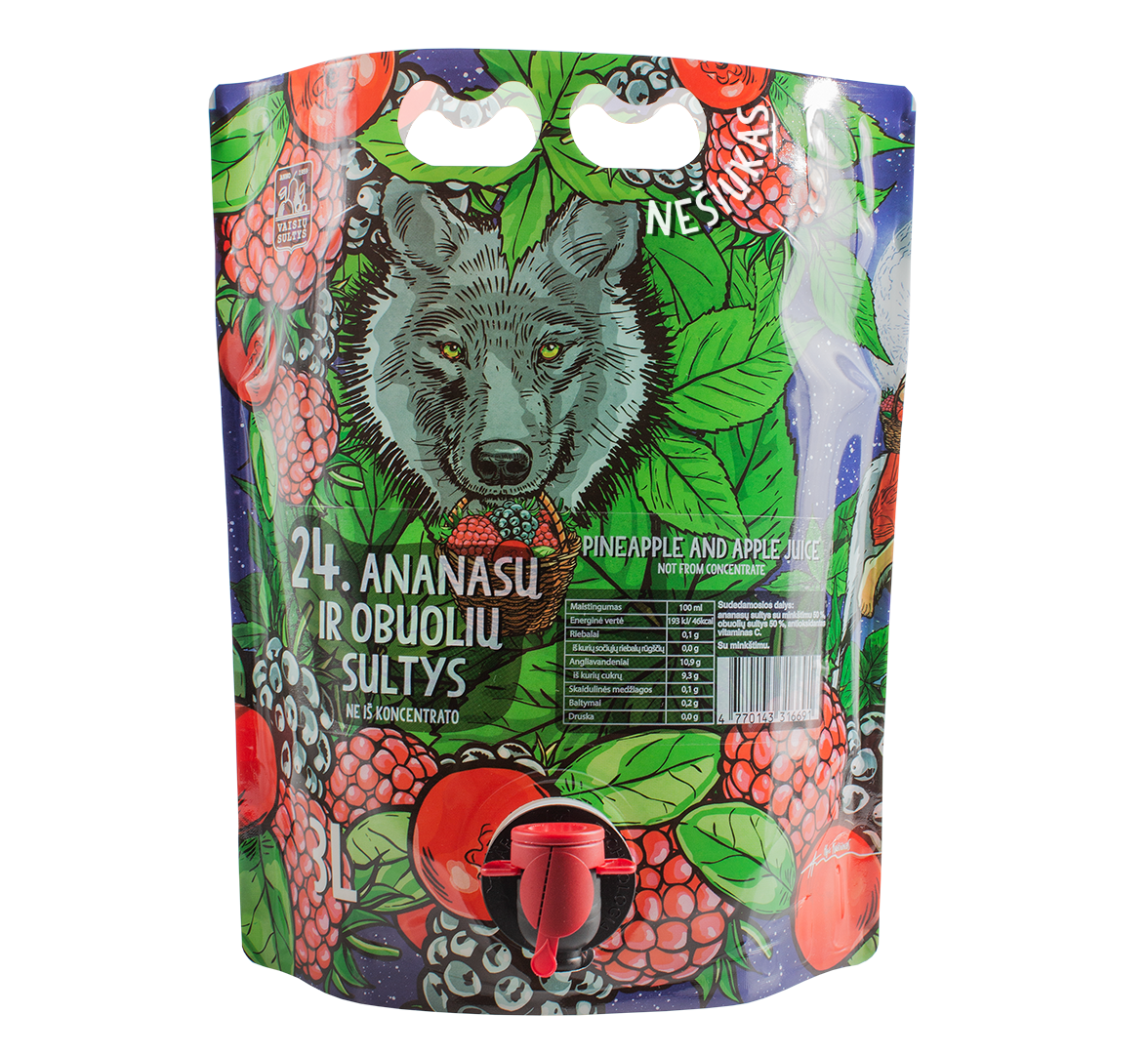 An image of natural pineapple and apple juice 3000 ml fairy tale pouch with illustrations of wolf, berries and leaves