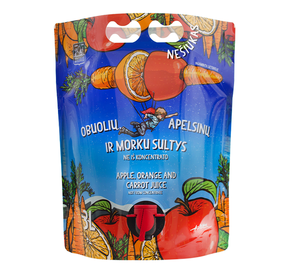 An image of natural apple and carrot juice 3000ml fairy tale pouch with illustrations of wolf, berries and leaves