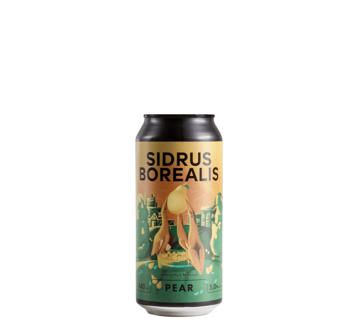 A 440 ml can packaging of Sidrus Borealis pear flavored cider with a label illustrated with three little bitterns balancing a pear on a hill