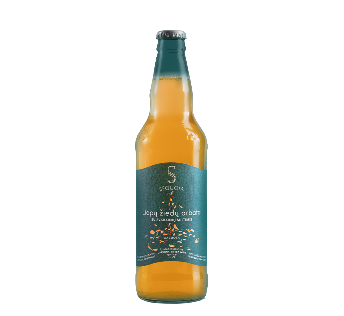 A bottle of Sequoia carbonated linden tea with quince juice