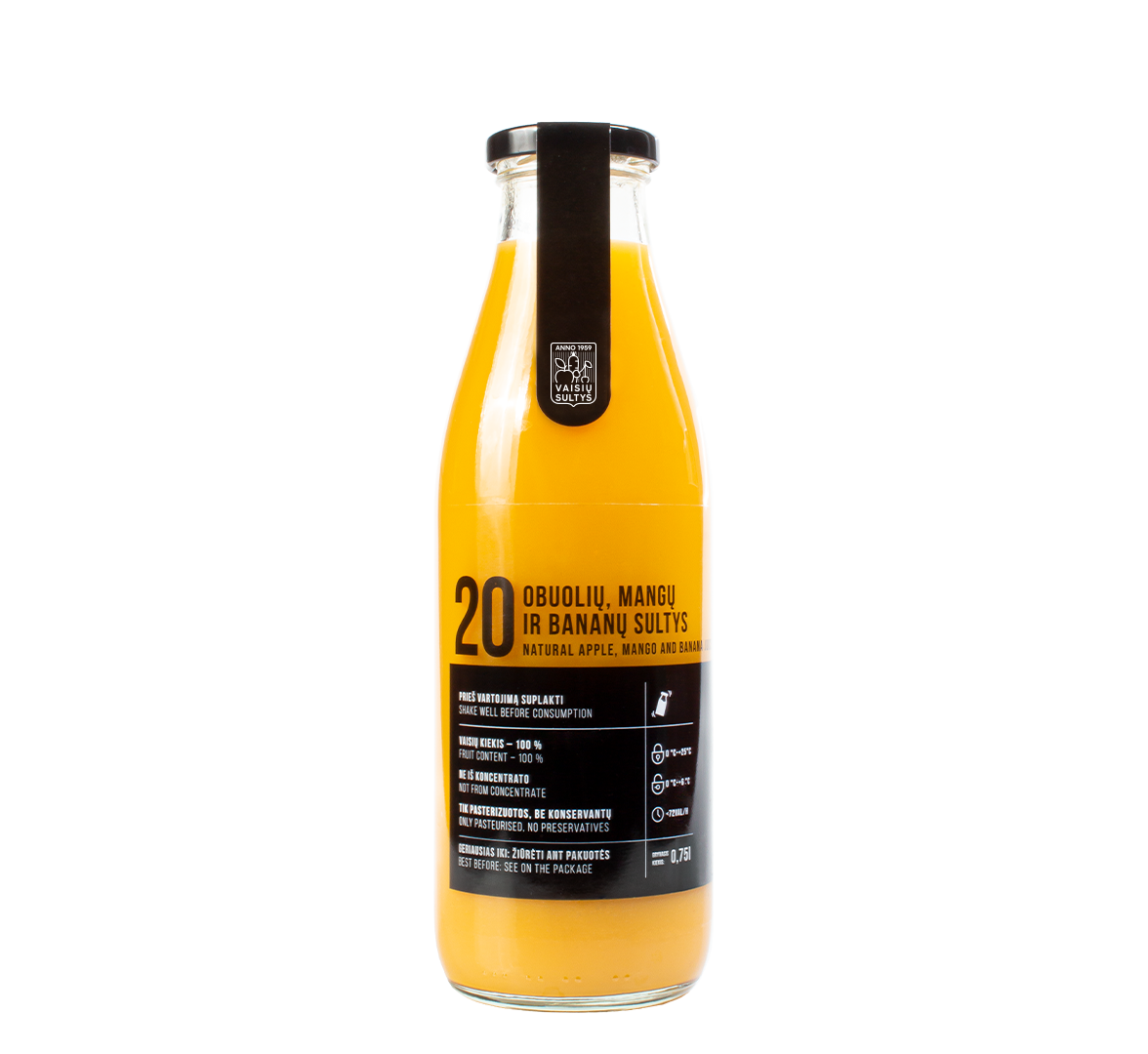 An image of a 750 ml bottle of natural apple, mango and banana juice
