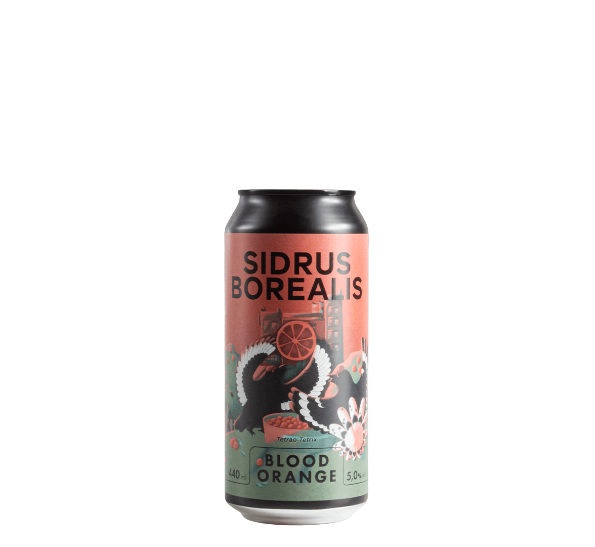 A 440 ml can packaging of Sidrus Borealis blood orange taste cider with a label illustrated with a bird