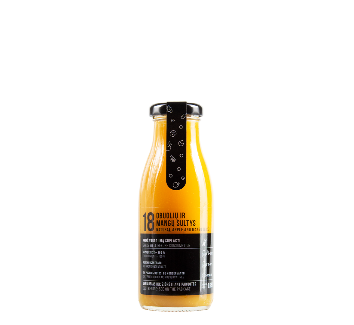 An image of a 250 ml bottle of natural apple and mango juice