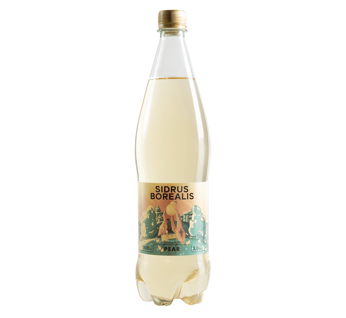 A 1000 ml plastic bottle of Sidrus Borealis pear taste cider with a label illustrated with three little bitterns balancing a pear on a hill