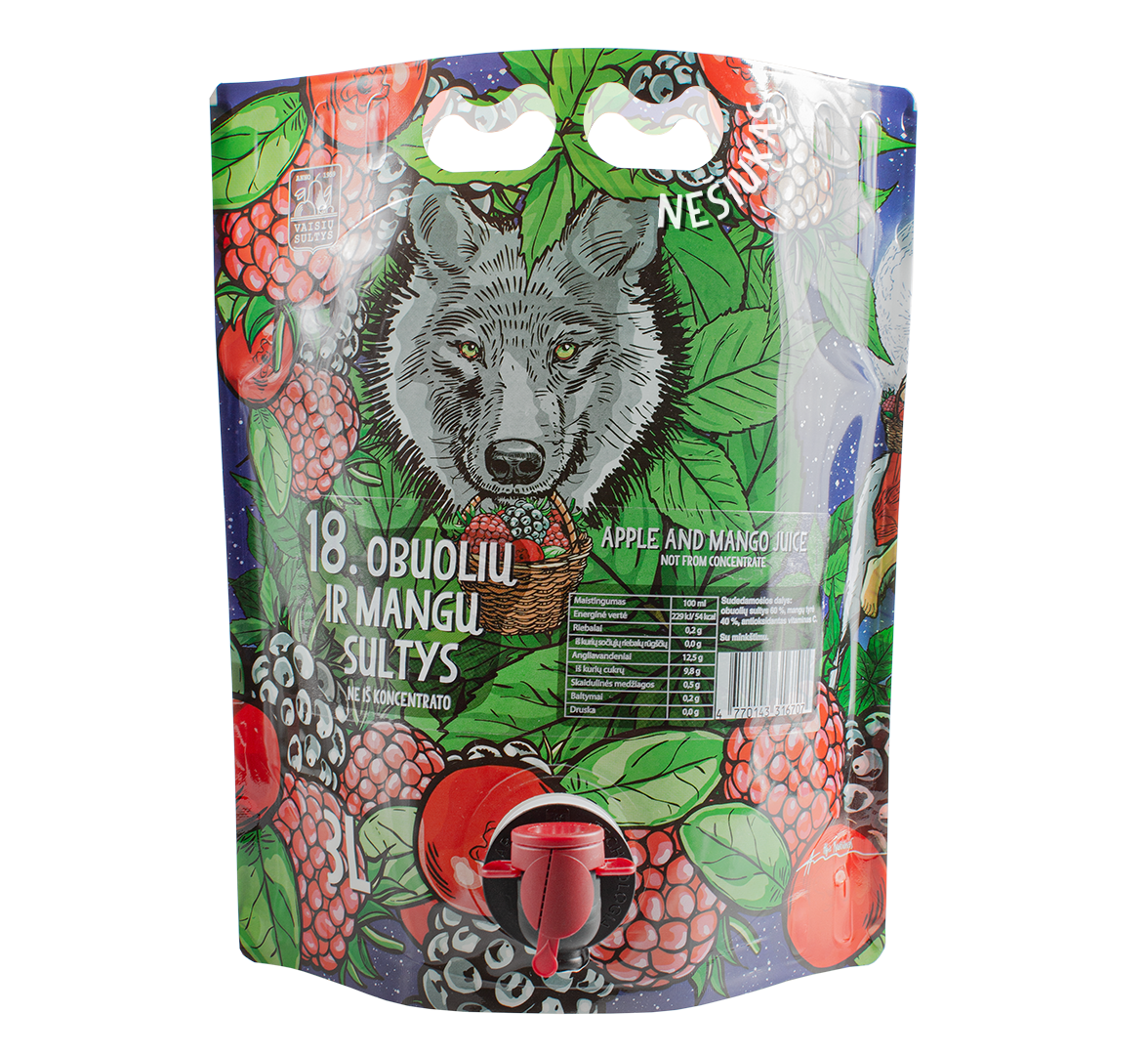 An image of natural apple and mango juice 3000 ml fairy tale pouch with illustrations of wolf, berries and leaves