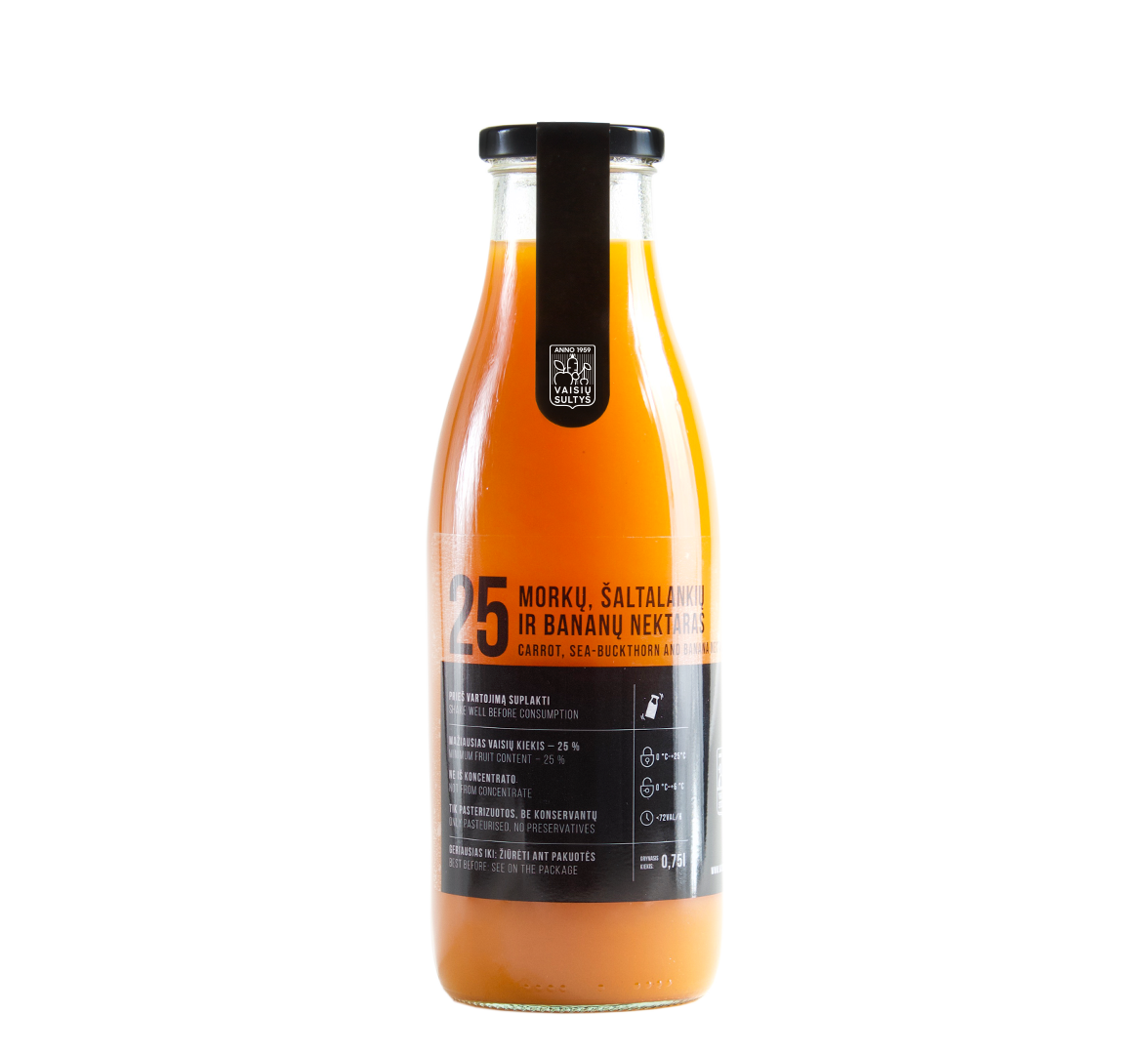 An image of a 750 ml bottle of natural carrot, sea-buckthorn and banana nectar