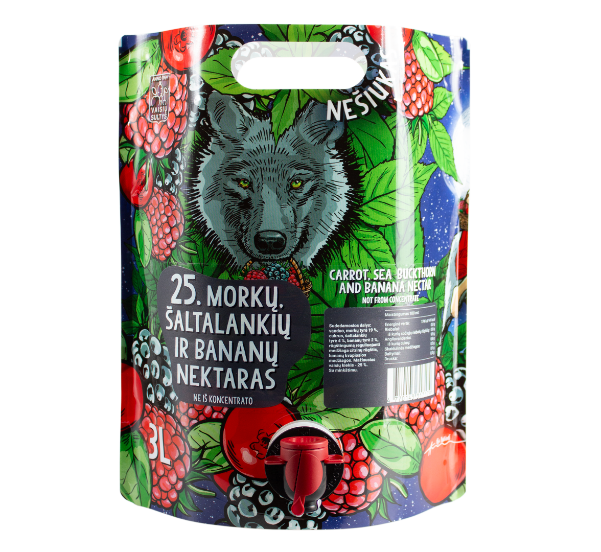 An image of natural carrot, sea-buckthorn and banana nectar 3000 ml fairy tale pouch with illustrations of wolf, berries and leaves