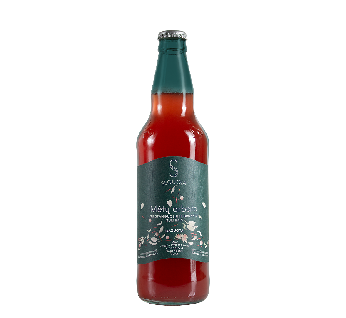 A bottle of Sequoia carbonated mint tea with carnberry and ligonberry juice