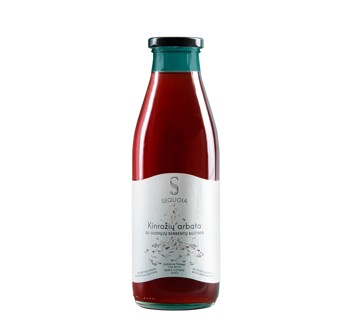 An image of a glass bottle of Hibiscus Flower Tea with Black Currant Juice