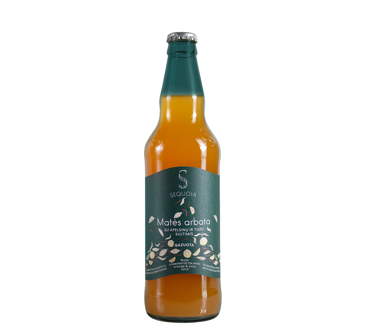 A bottle of Sequoia carbonated mate tea with orange and yuzu juice