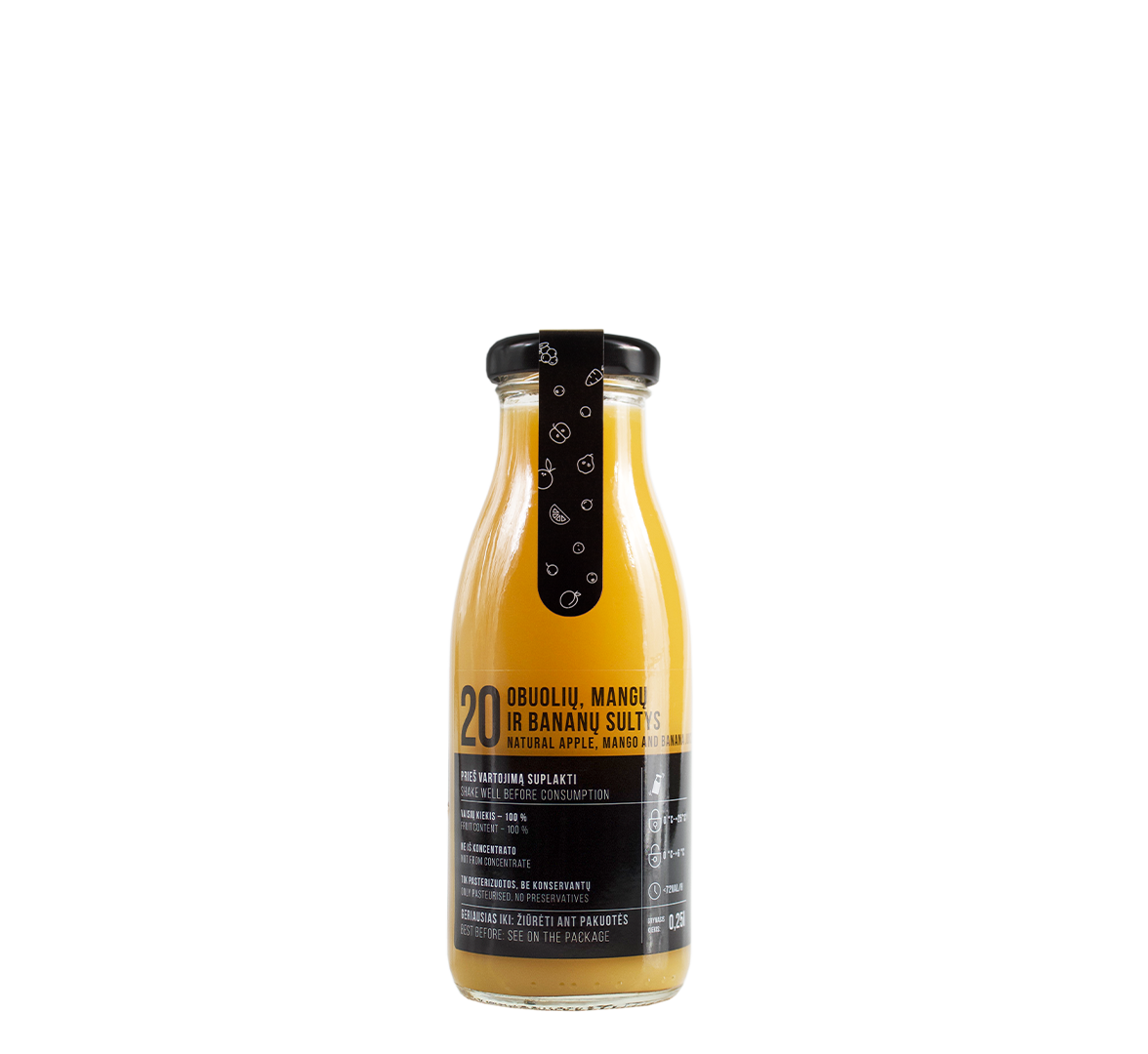 An image of a 250 ml bottle of natural apple, mango and banana juice