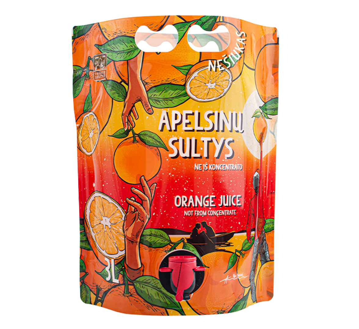 An image of a 3000ml orange juice fairy tale pouch with illustrations of oranges