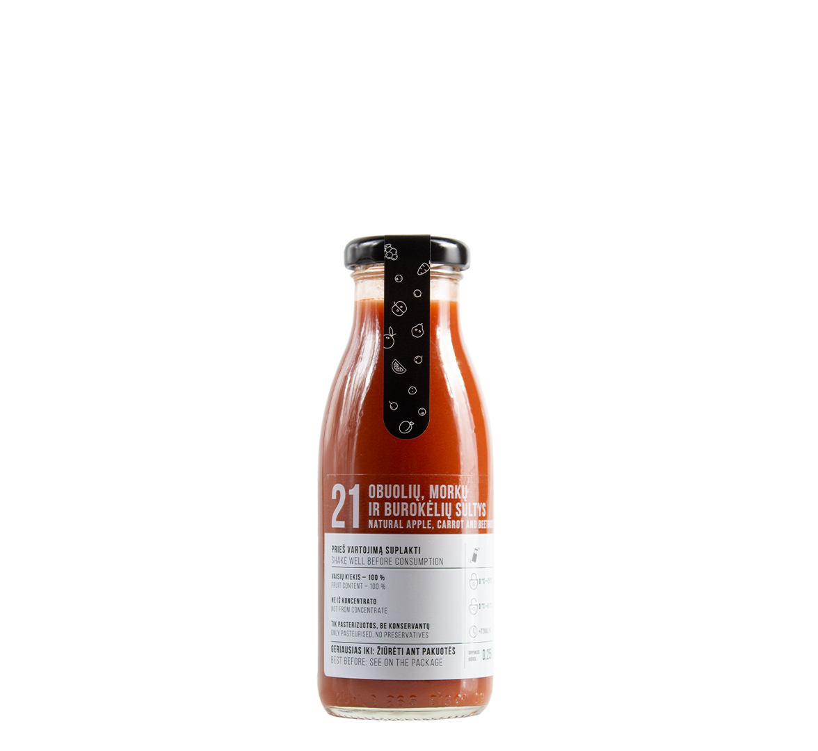 An image of a 250 ml bottle of natural apple, carrot and beetroot juice