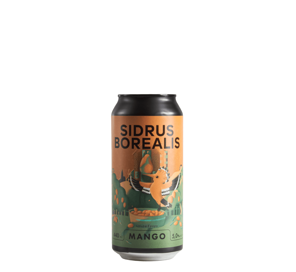 Nuotrauka 440 ml skardinė Sidrus Borealis Mangų skonio sidro, kurio etiketėje atvaizduojamas paukštis.