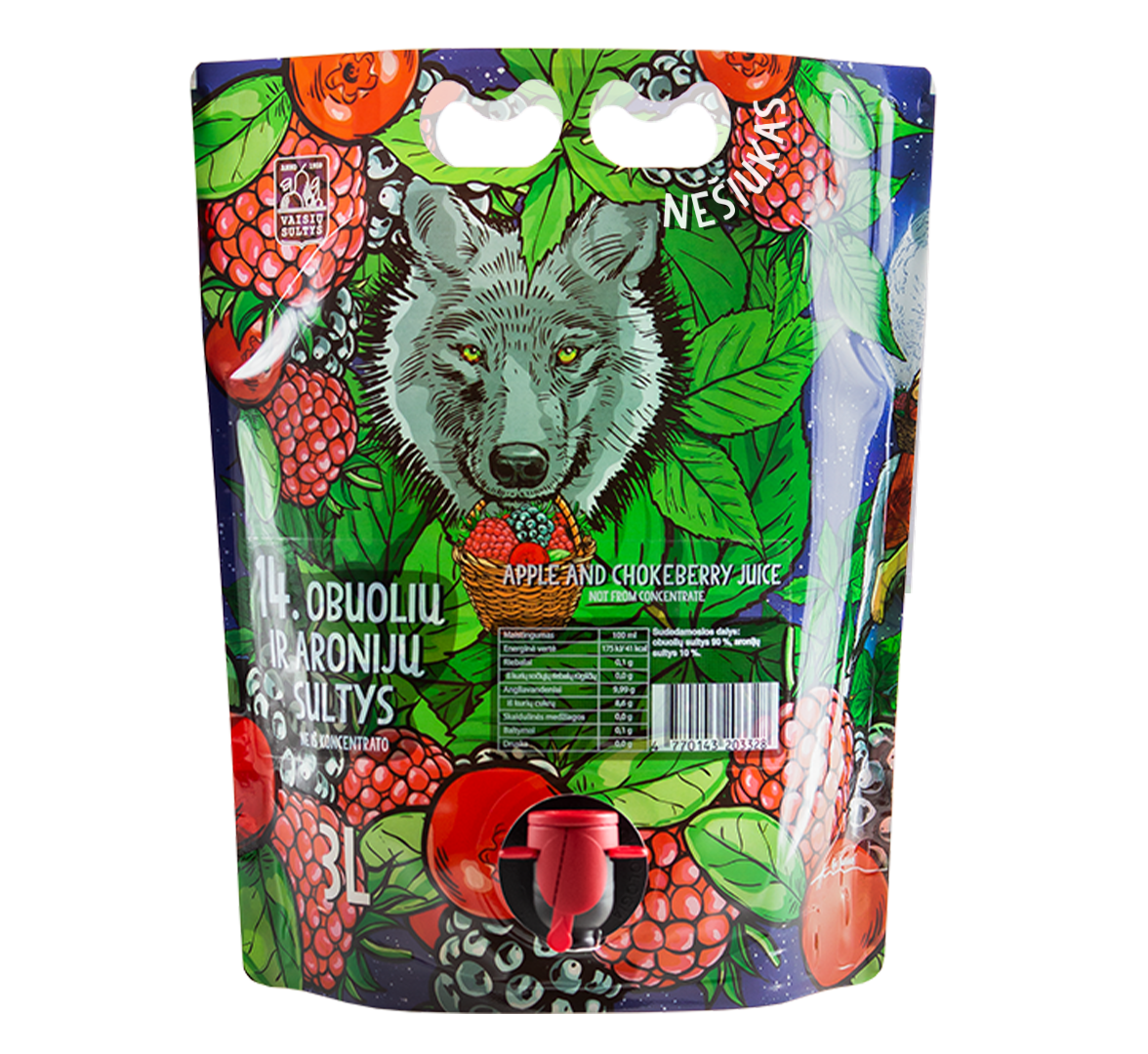 An image of natural apple and chokeberry juice 3000 ml fairy tale pouch with illustrations of wolf, berries and leaves