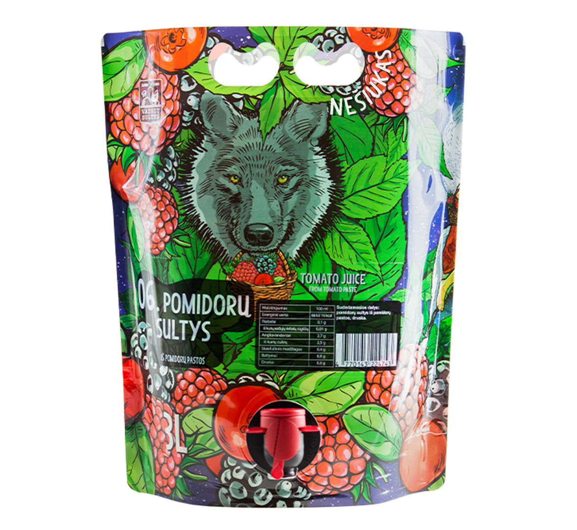 An image of natural tomato juice 3000 ml fairy tale pouch with illustrations of wolf, berries and leaves