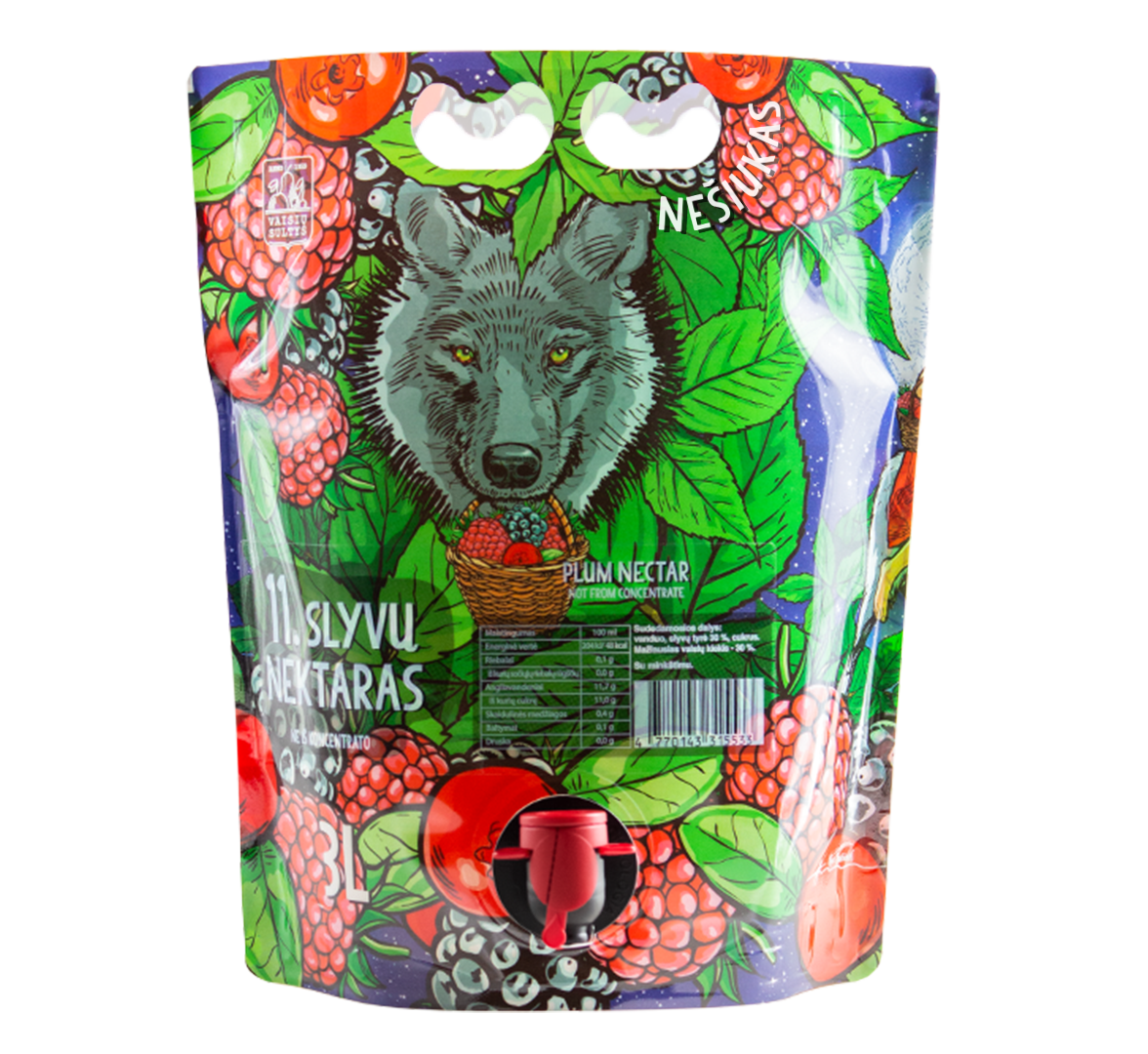 An image of natural plum nectar 3000 ml fairy tale pouch with illustrations of wolf, berries and leaves
