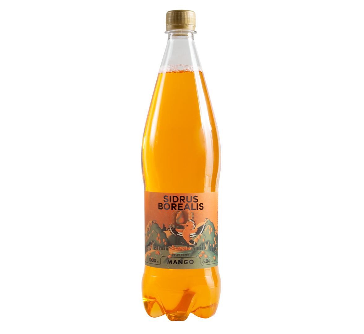 A plastic bottle of Sidrus Borealis mango cider with a label illustrated with a bird