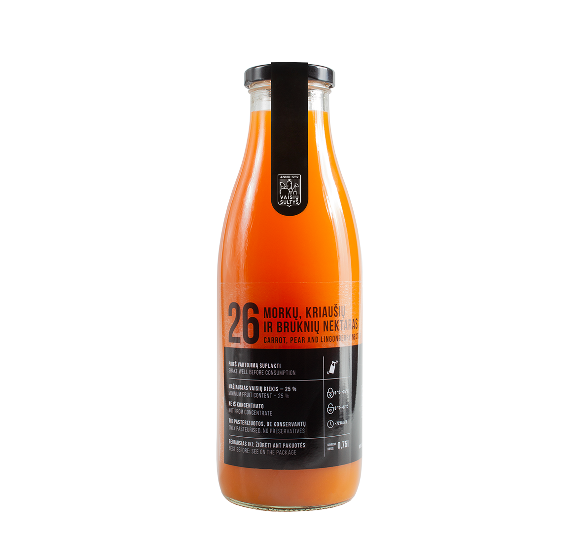 An image of a 750 ml bottle of natural carrot, pear and lingonberry nectar