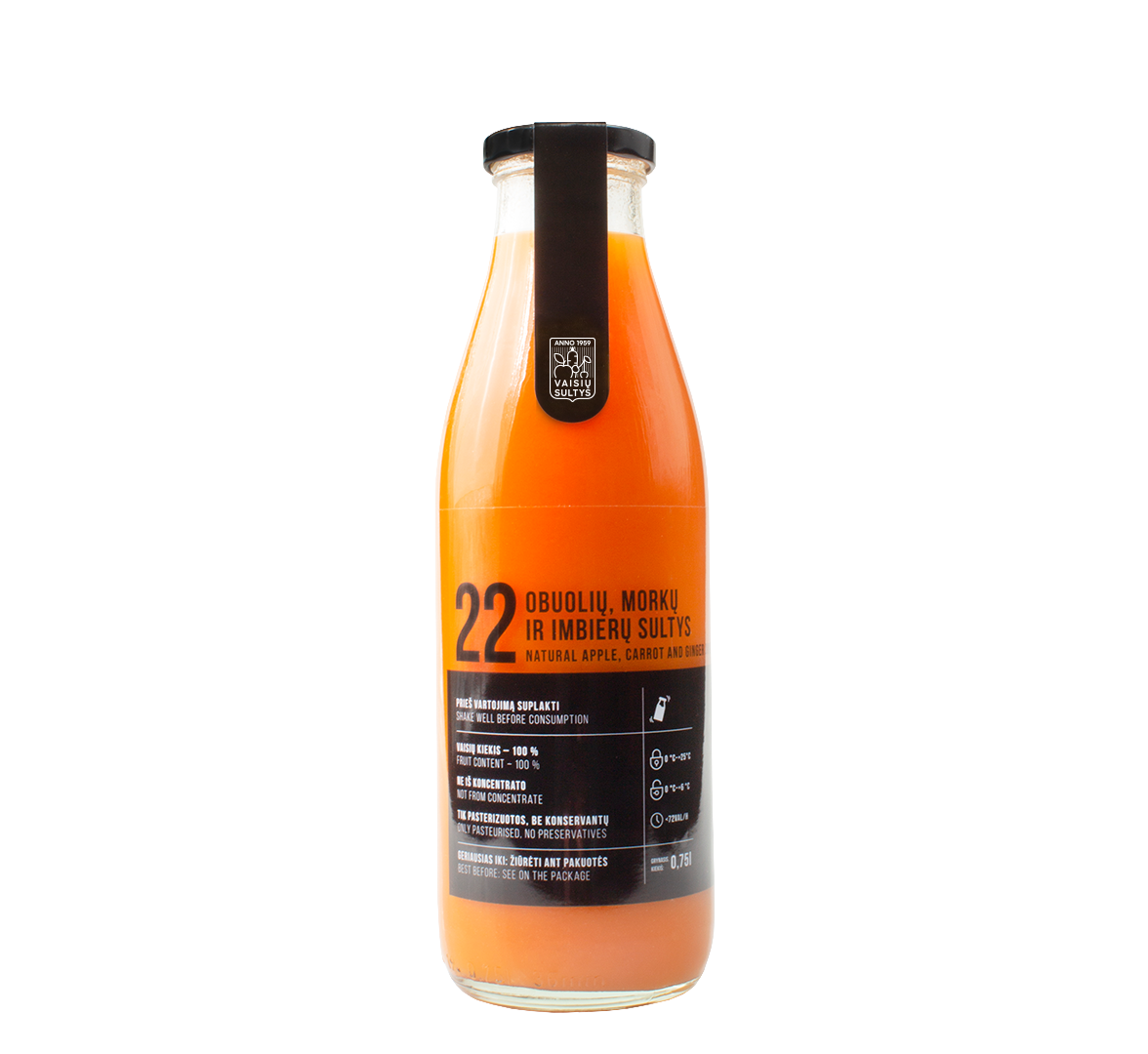 An image of a 750 ml bottle of natural apple, carrot and ginger juice