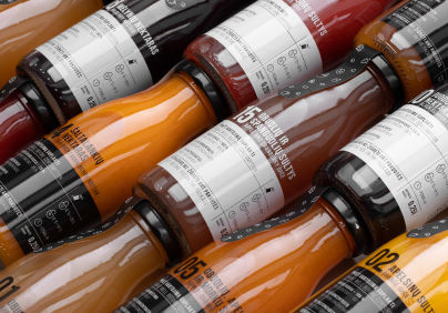 Glass bottles of juices and nectars placed diagonally