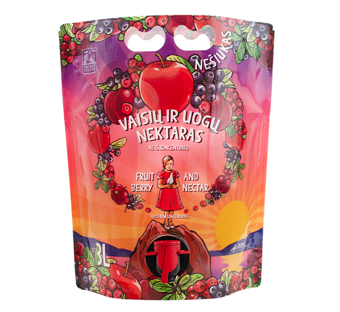 Natūralių vaisių ir uogų nektaras 3000 ml pasakų nešiukas su iliustracija, kurioje  apsupta uogų ir obuolių mergaitė vilkinti raudoną suknelę, laiko balandį