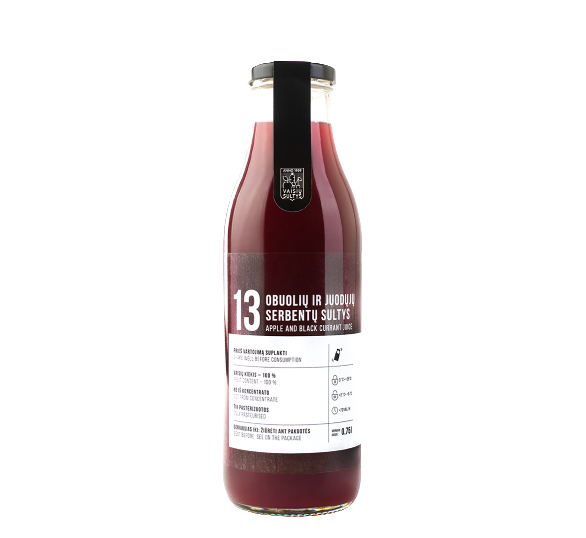 An image of a 750 ml bottle of natural apple and black currant juice