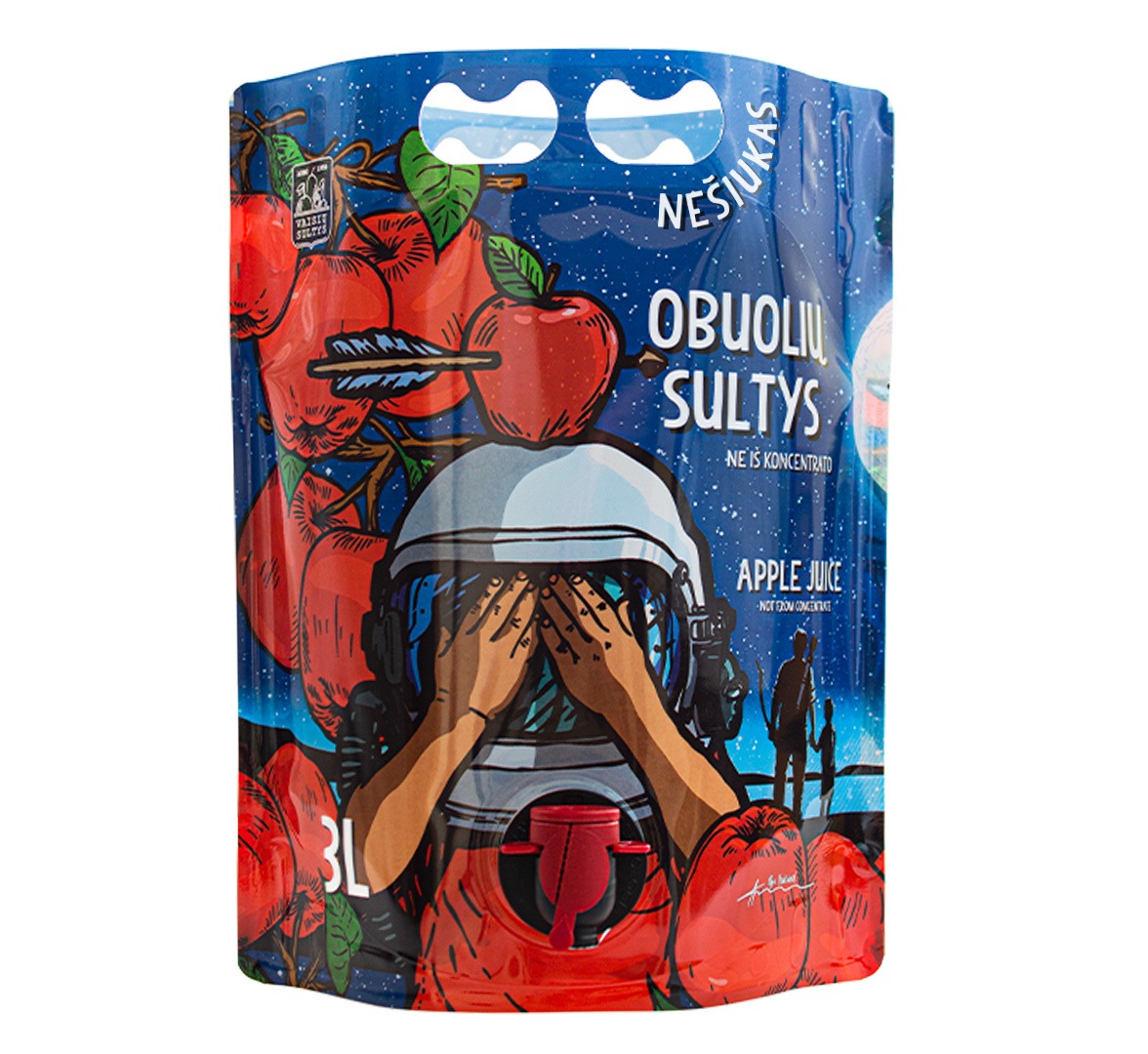 Image of a fairy tale pouch containing an illustration of an astronaut surrounded by apples.