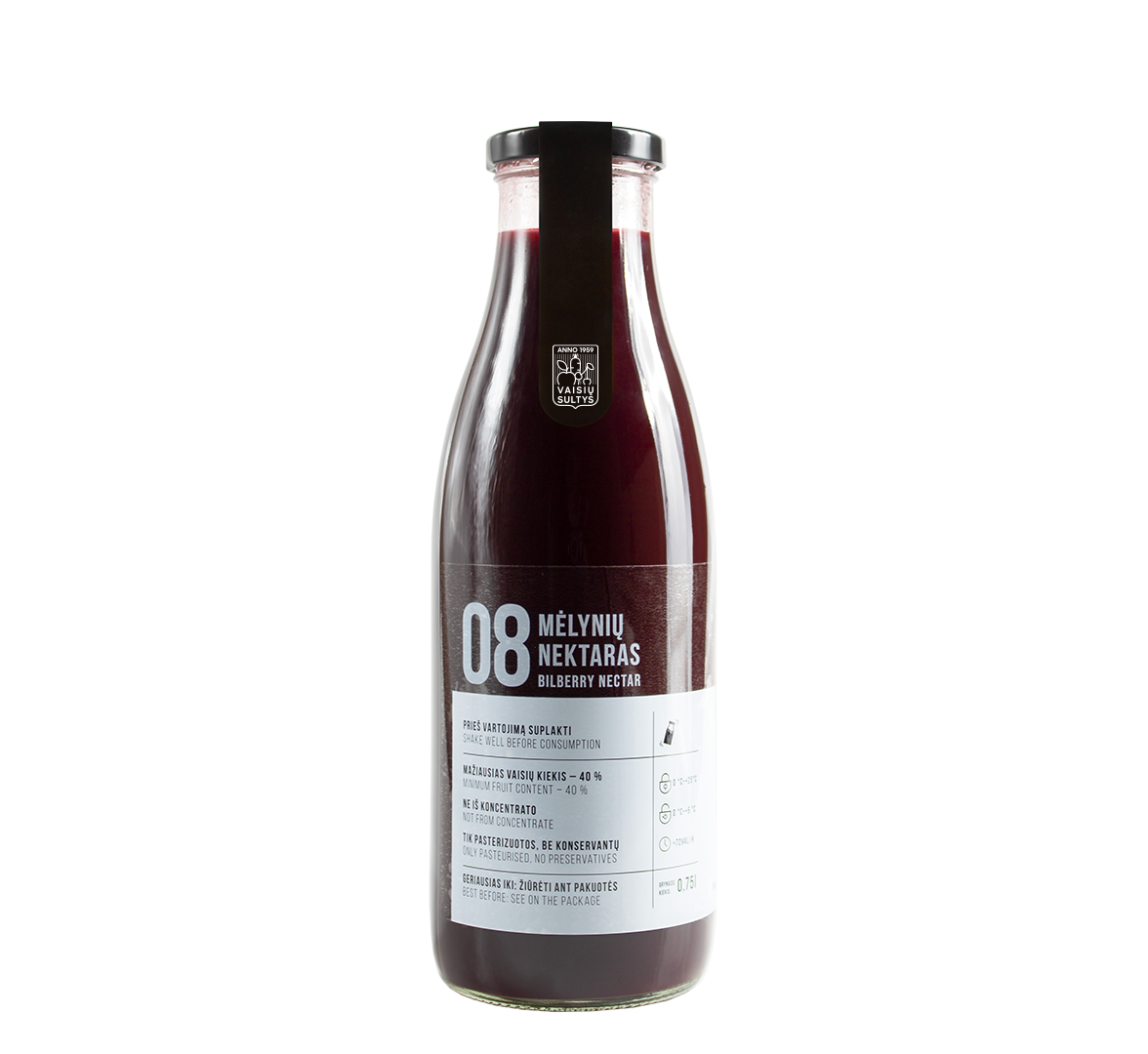 An image of a 750 ml bottle of natural bilberry nectar